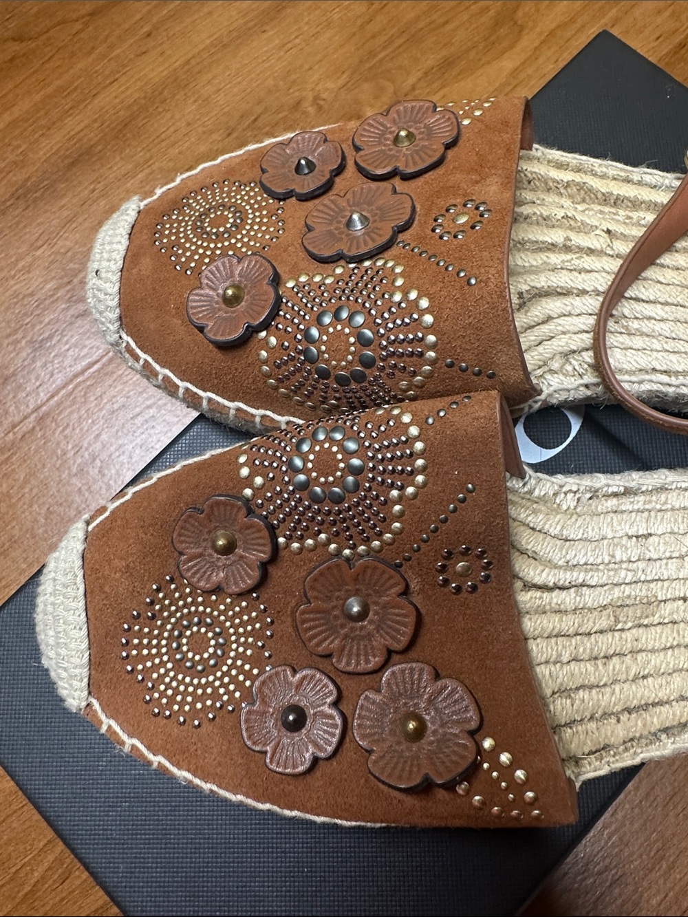 Coach Brown Leather Floral Espadrilles with Ankle Strap - Picture 4 of 8